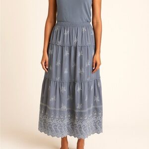 Johnny Was Floral Embroidered Eyelet Tonal Tiered Maxi Skirt Gray Size M or L